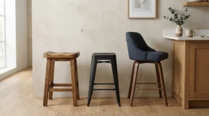 A showcase of different breakfast bar stools featuring mixed materials like velvet, leather, and solid oak.