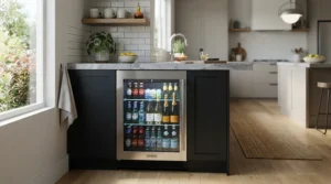 A built-in wine cabinet with glass doors fitted seamlessly into a contemporary kitchen island