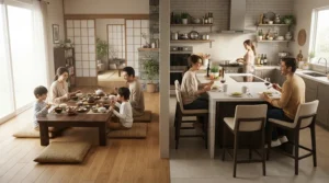 Comparing traditional dining chairs and breakfast bar stools in a multi-functional family home layout.
