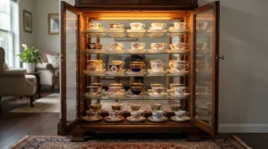 Elegant display dressers for crockery showcasing a heritage china collection on illuminated glass shelving in a country cottage dining room.