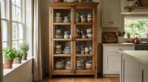 A traditional wooden display dressers for crockery featuring glass doors, filled with white ceramic plates in a bright London townhouse kitchen.