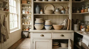 Cream distressed farmhouse style display dressers for crockery used for organised kitchen and tableware storage.