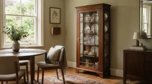 A freestanding wine cabinet with glass doors positioned elegantly in a dining room corner