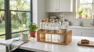 Eco-friendly bamboo freestanding wine racks positioned neatly on a countertop in a contemporary kitchen.