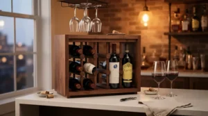 A sophisticated freestanding wine racks accessory featured as part of a dedicated home bar entertaining space.