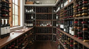 Modular freestanding wine racks arranged in an organized home pantry for efficient bottle storage.
