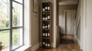 Slim profile freestanding wine racks designed specifically to fit neatly into a narrow hallway or alcove.