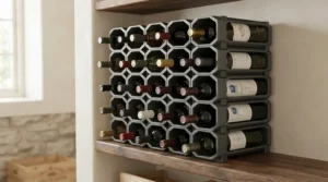 Compact stackable freestanding wine racks showing secure bottle stability on a sturdy wooden shelf.
