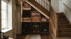 Custom fitted freestanding wine racks making clever use of awkward space underneath a staircase.
