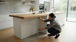 Helpful graphic demonstrating how to choose breakfast bar stools with correct spacing around a kitchen island.