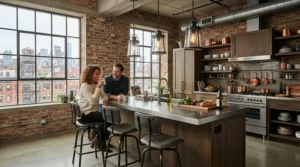Industrial style metal breakfast bar stools styled in a modern urban apartment kitchen.