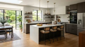 Modern kitchen island seating trends featuring contemporary breakfast bar stools in an open-plan home.