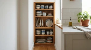 Compact and narrow display dressers for crockery maximising corner space for tableware storage in a small Victorian terraced house.
