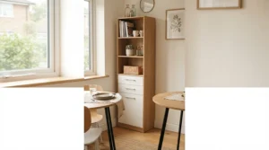 A budget-friendly narrow sideboard styled in a compact dining room with sleek tableware