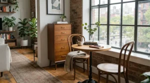 A space-saving narrow sideboard fitting seamlessly into a snug dining nook