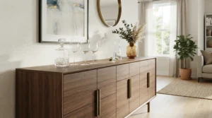 A contemporary narrow sideboard decorated with minimalist candles and glassware
