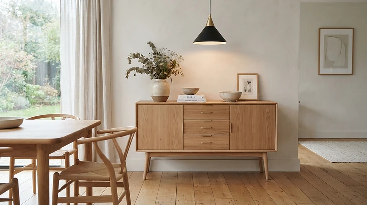 A Scandinavian-inspired narrow sideboard adding light wood tones to a small dining area. narrow sideboards for small dining rooms