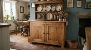Solid oak display dressers for crockery featuring a built-in plate rack and cupboard storage, styled for a classic British home.
