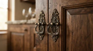 Detail of vintage-style handles on an oak sideboard vs pine sideboard in a traditional hallway.