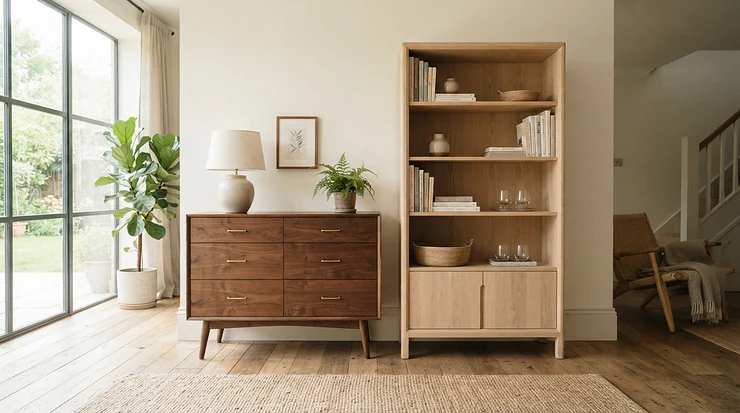 Colour and tone differences between an oak sideboard vs pine sideboard in natural light.