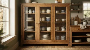 An oak sideboard vs pine sideboard featuring glass doors to showcase fine tableware.