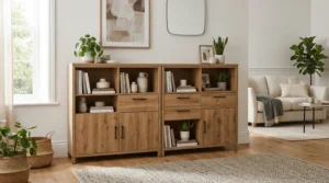 An oak sideboard vs pine sideboard displayed in a modern British living room with neutral walls.
