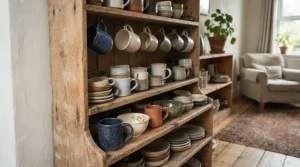 Rustic reclaimed pine display dressers for crockery holding everyday ceramic dinnerware in an open-plan family living area.