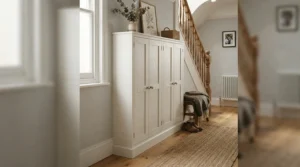 Slim small kitchen dresser units acting as a neat utility cupboard for cleaning supplies and household items