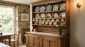Charming small kitchen dresser units with plate racks showcasing vintage ceramic tableware