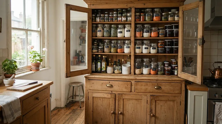 Freestanding small kitchen dresser units used as an alternative pantry for food storage in a terraced house