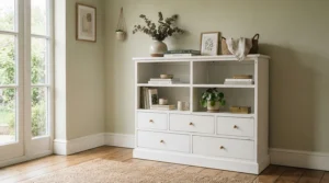 Bright small kitchen dresser units in matte white finish styled against a neutral wall in a suburban home