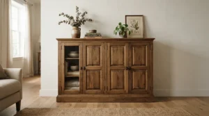 Traditional small kitchen dresser units with classic shaker-style doors and brushed metal handles