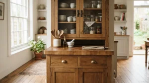 Compact small kitchen dresser units featuring a solid wooden worktop and glass cabinets in a cosy cottage kitchen