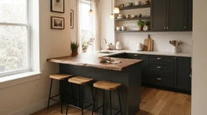 Space-saving breakfast_bar stools tucked neatly under a compact breakfast bar in a flat.