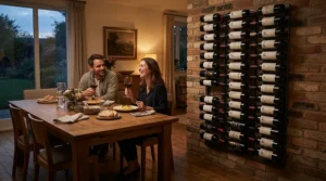 Decorative wall mounted wine racks showcasing a curated bottle collection