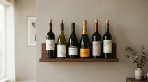 Minimalist floating shelf wine racks displayed in a modern dining area