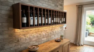 Stylish wall mounted wine racks featuring an integrated stemware glass holder