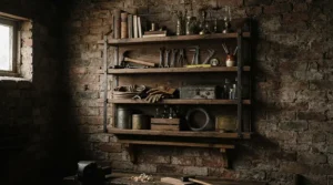 Industrial wall mounted wine racks made from reclaimed wood and iron pipes