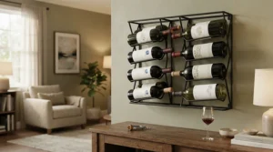 Modern wall mounted wine racks installed in a contemporary British living room