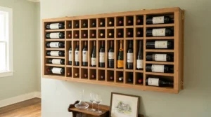 Handcrafted wooden wall mounted wine racks adding warmth to a home interior