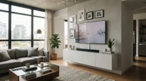 Compact white gloss sideboard with LED lights fitted in a modern city flat living space
