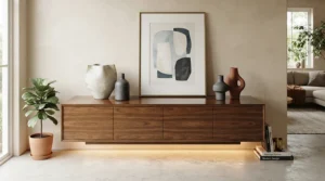Designer white gloss sideboard with LED lights styled with minimalist home accessories