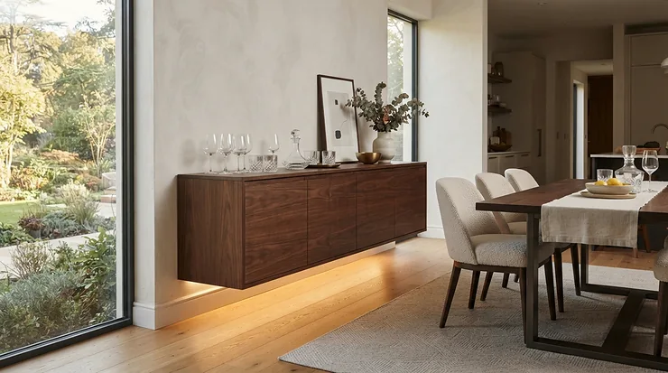 Contemporary white gloss sideboard with LED lights positioned in a stylish dining space