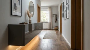 Sleek white gloss sideboard with LED lights brightening a modern hallway interior