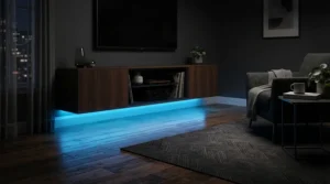 Illuminated white gloss sideboard with LED lights glowing softly in a darkened room