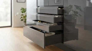 Spacious white gloss sideboard with LED lights showing handleless drawers and cupboards