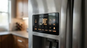 A close-up of a wine cabinet with glass doors featuring a digital temperature and humidity control panel