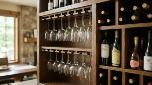 A wine cabinet with glass doors featuring an integrated stemware rack hanging wine glasses underneath