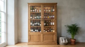 A rustic oak wine cabinet with glass doors adding warmth to a traditional cottage interior
